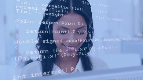 Woman-wearing-a-headset-while-using-a-computer