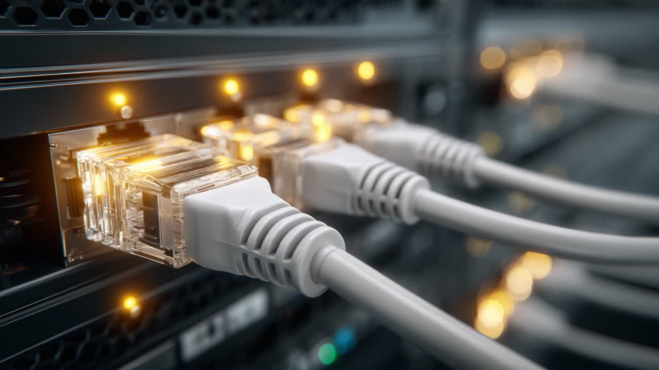 Detailed Close-Up of Network Cables Connected to a Server Rack, Illuminated Ports Displaying Activity in a High-Technology Data Center Environment