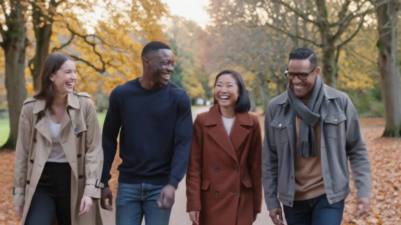 Smiling group of four friends starting chat, walking down park path, wearing coats, scarf, glasses