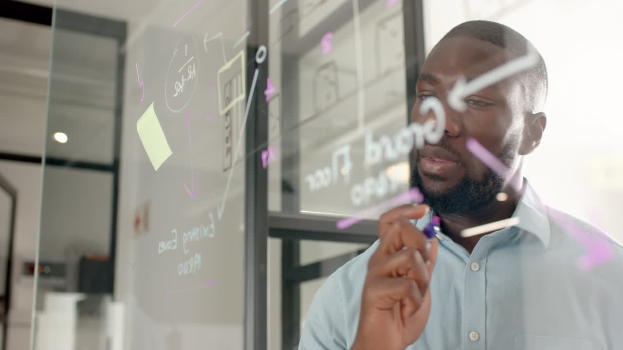 Writing on transparent board, man brainstorming business ideas in office setting