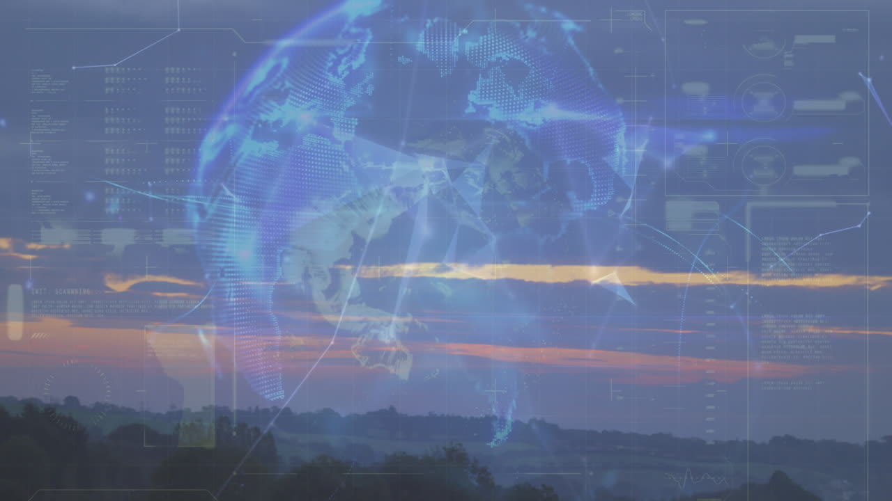 플렉서스 네트워크의 지구의 애니메이션과 해가 지는 하늘과 숲의 공중 시야에서 데이터 처리