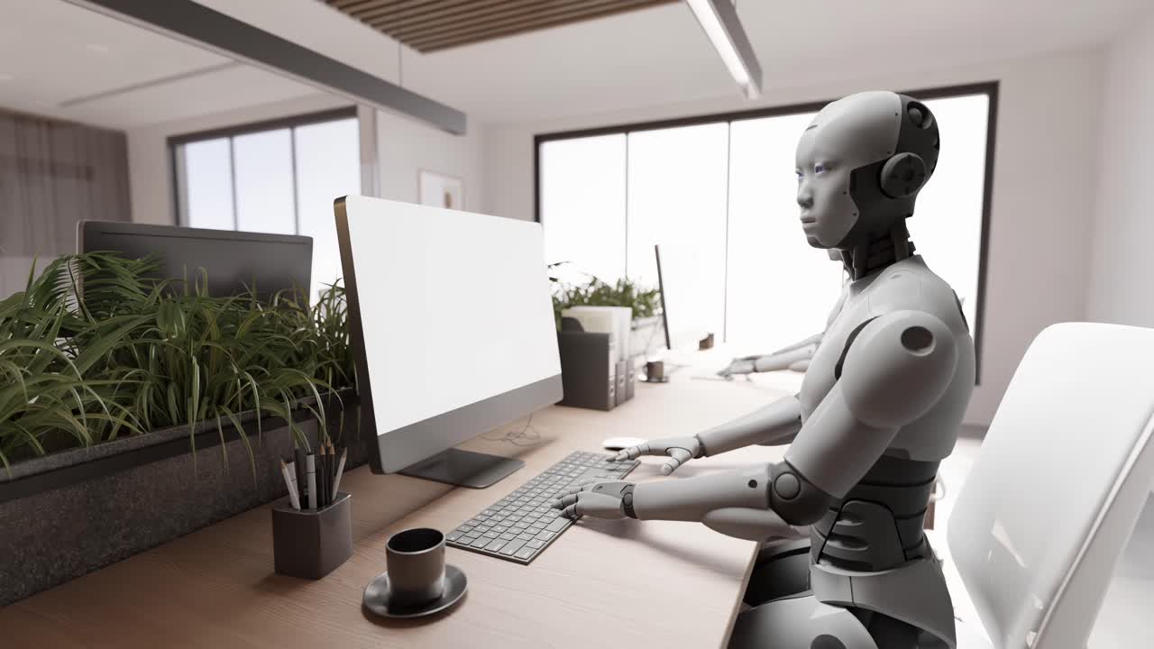 robot humanoide cibernético sentado en una oficina futurista mientras conversa con el cliente en el sitio web y ayuda a cuidar animación de renderización 3d