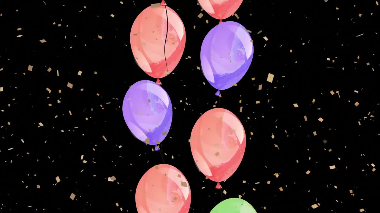 Animazione di palloncini colorati volanti e coriandoli che cadono su sfondo nero.