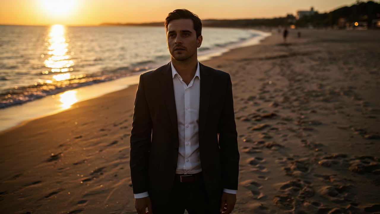 A Stylish Man in Formal Attire Stands Contemplatively on a Serene Beach at Sunset, Capturing the Tranquil Beauty of Dusk and Personal Reflection