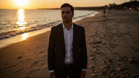 a stylish man in formal attire stands contemplatively on a serene beach at sunset, capturing the tranquil beauty of dusk and personal reflection