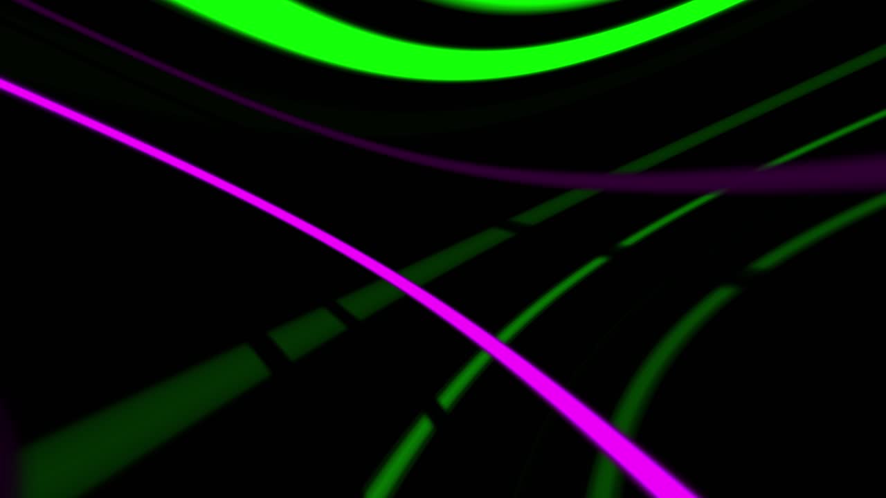 Linee luminose astratte al neon verdi e magenta che si muovono su sfondo nero