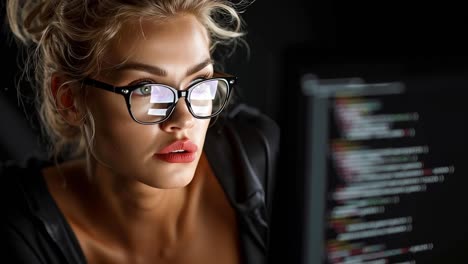 a woman wearing glasses looking at a computer screen