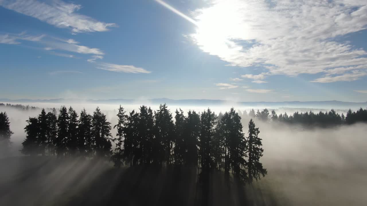 Early morning drone flight over foggy fields with blue skies and mountains in the background