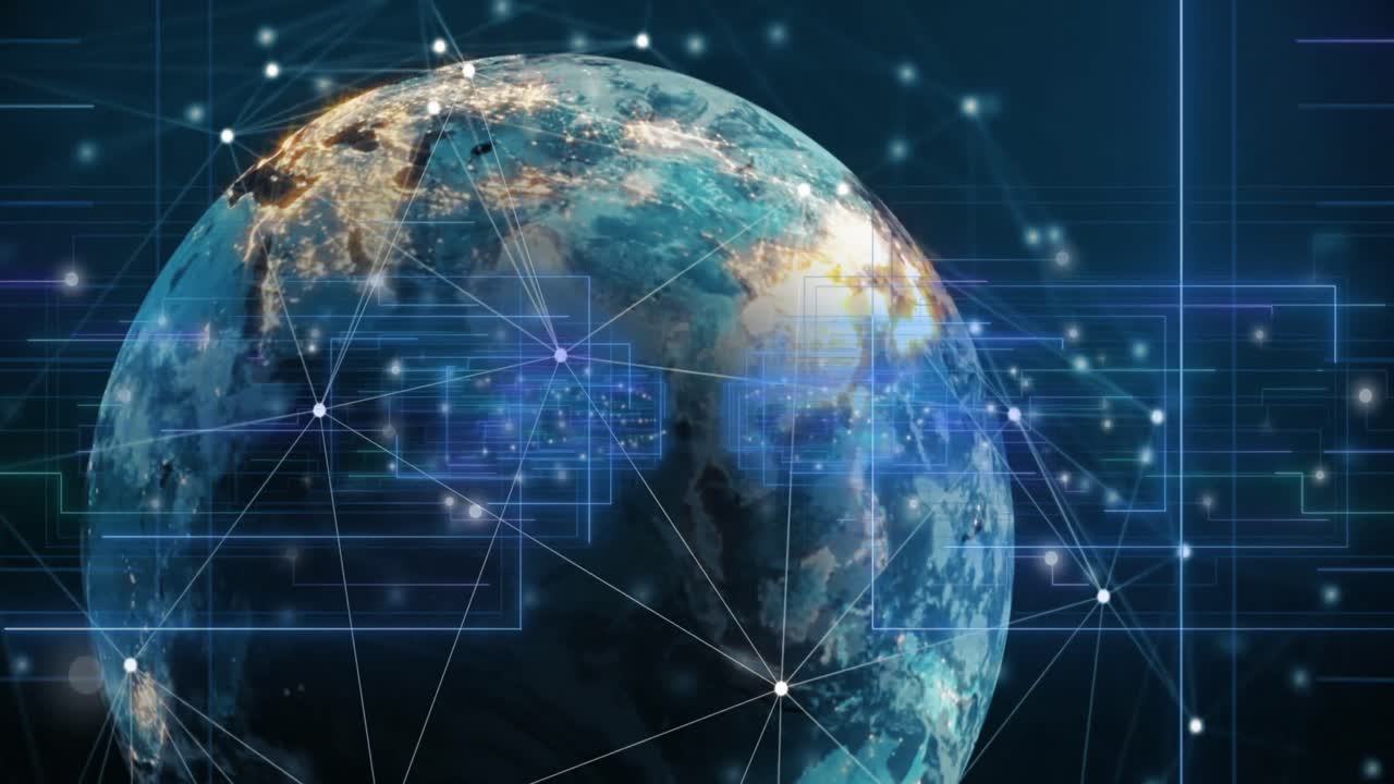 animación de rectángulos, números e iconos conectados alrededor del globo sobre un fondo abstracto