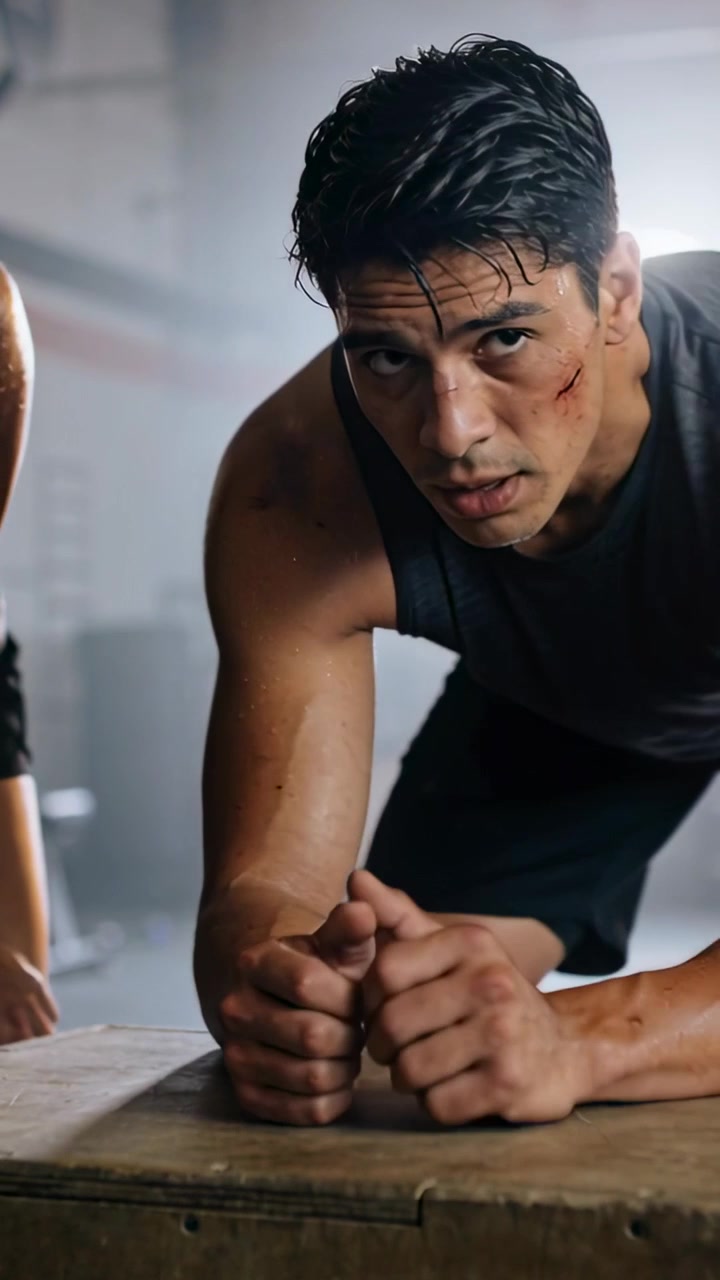 Vertical video: Gripping plyo box, man in dark tank regripping, bracing forearm during workout