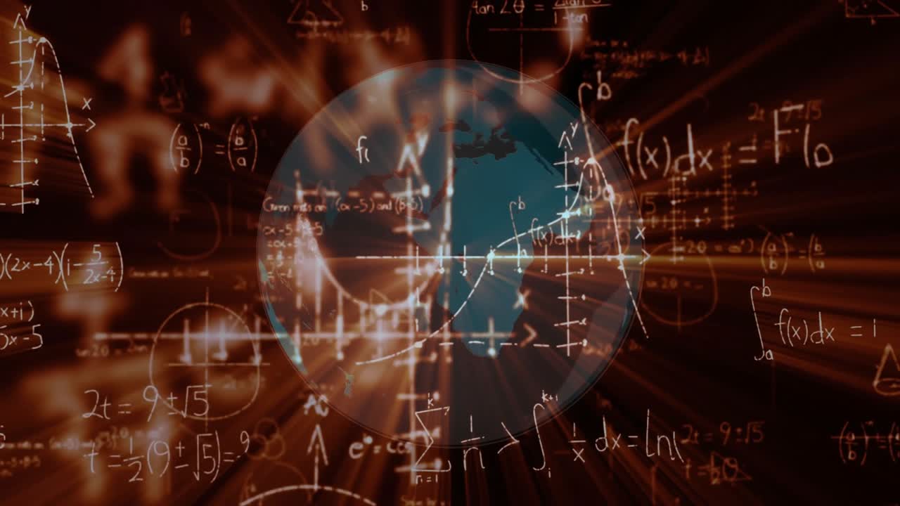 Upon animation starting, rotating globe revealing lights swirling math formulas visualizing trends
