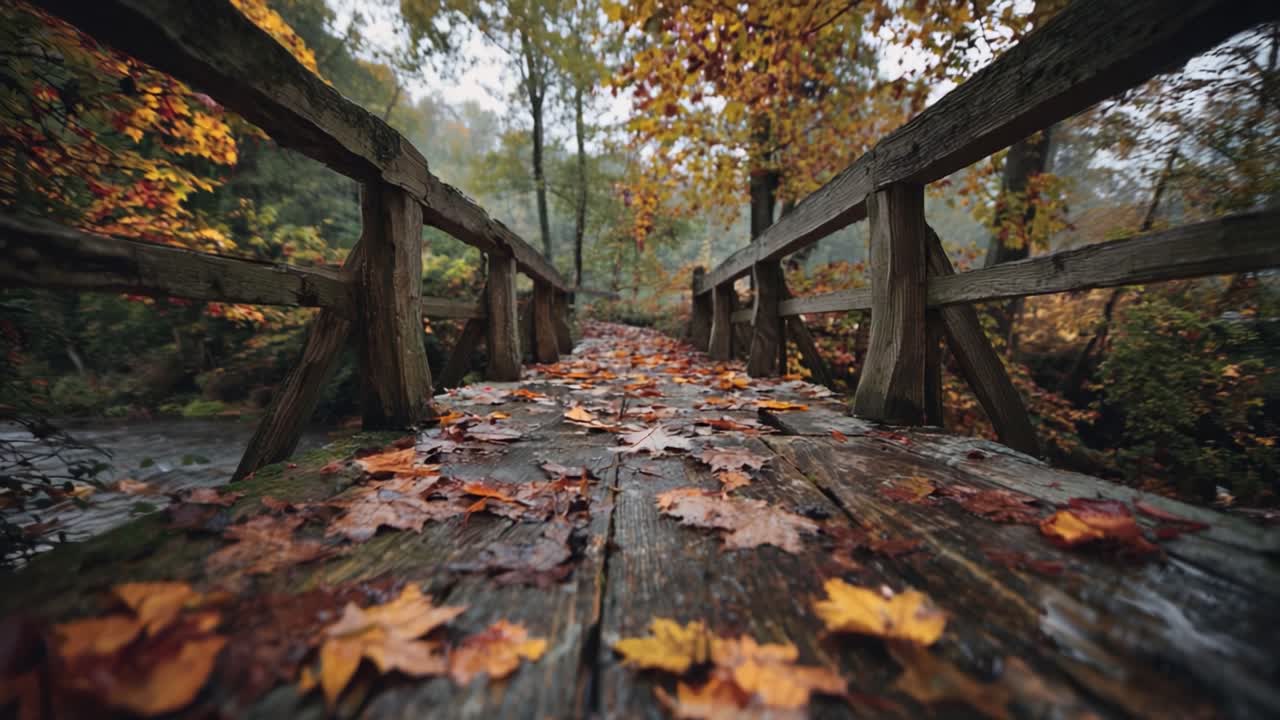 Autumn's Embrace: A Picturesque View of a Serene Wooden Bridge Surrounded by Vibrant Fall Foliage and Fallen Leaves Inviting Reflection and Tranquility
