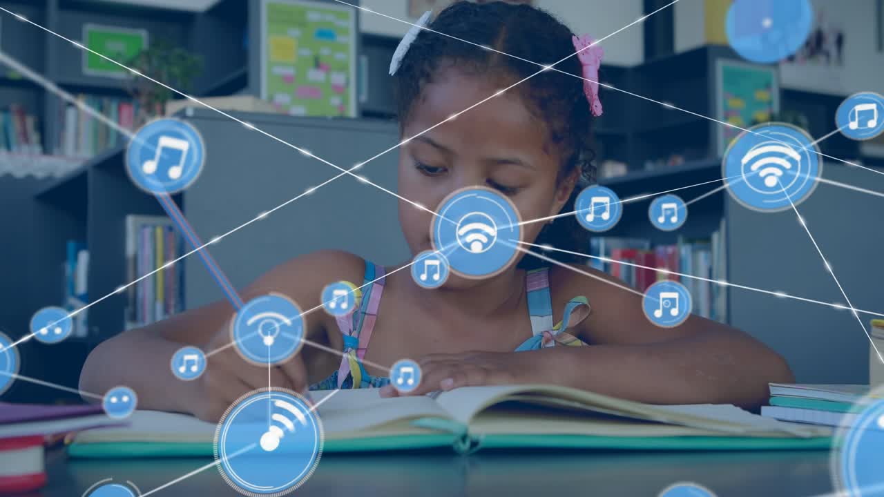 Female student writing pencil in book in study, HUD appearing expanding overlaying music wifi nodes