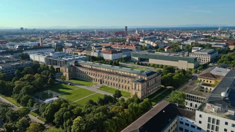 munich, germany, city center, wide establishing drone shot, summer day