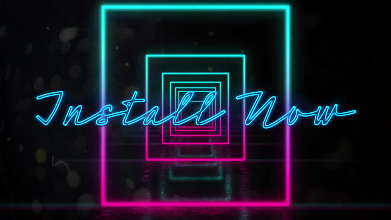 Animation of install now text over glowing neon pattern on black background