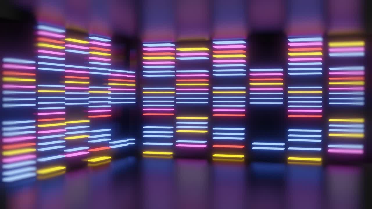 Animation af flerfarvede neonlinjer, der flimrer på sort baggrund.
