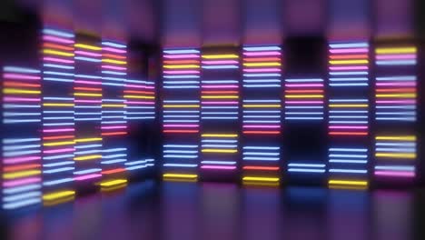 Animation-of-multicoloured-neon-light-lines-flickering-on-black-background