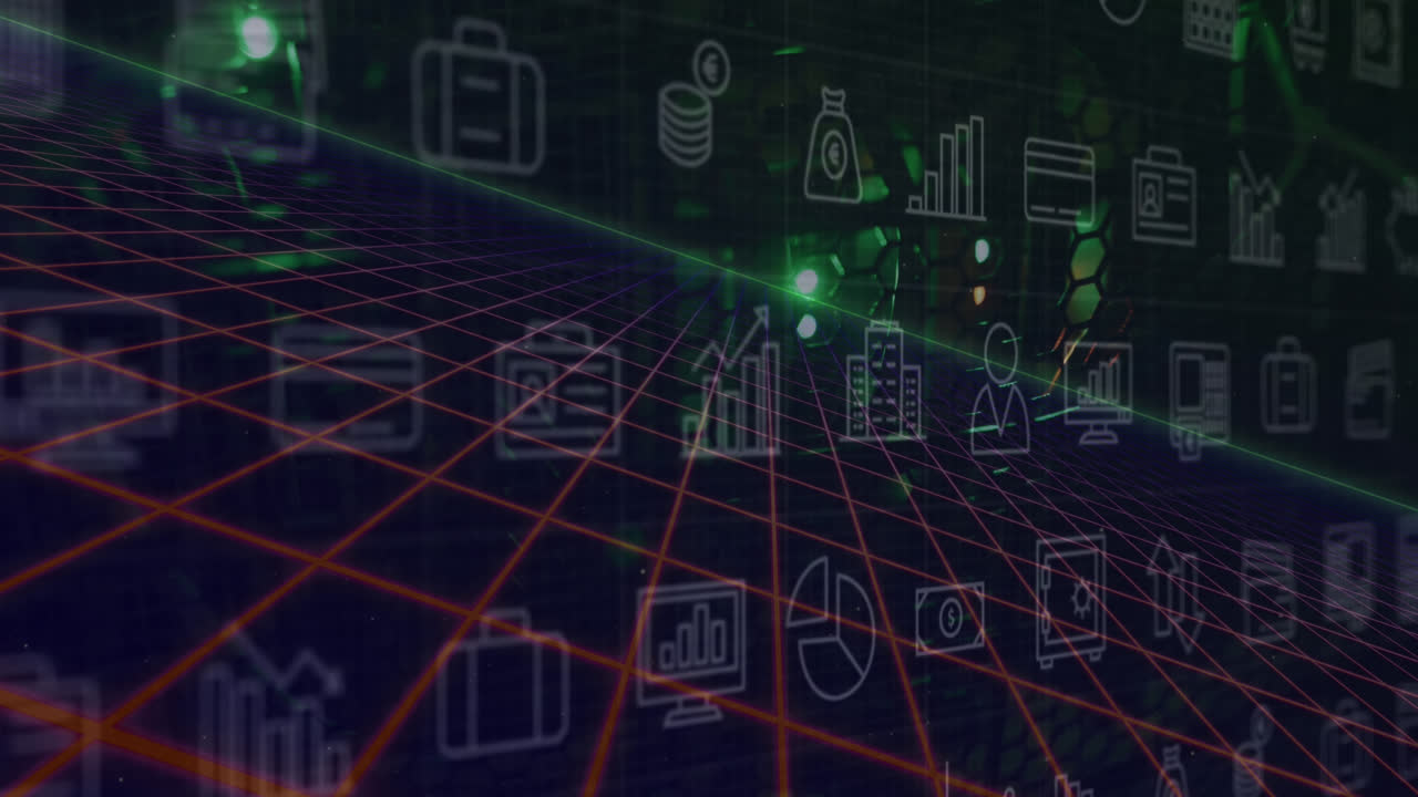 검은색 배경의 모양 위에 비즈니스 아이콘의 애니메이션