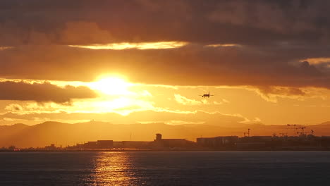 detail of airplane landing during sunset