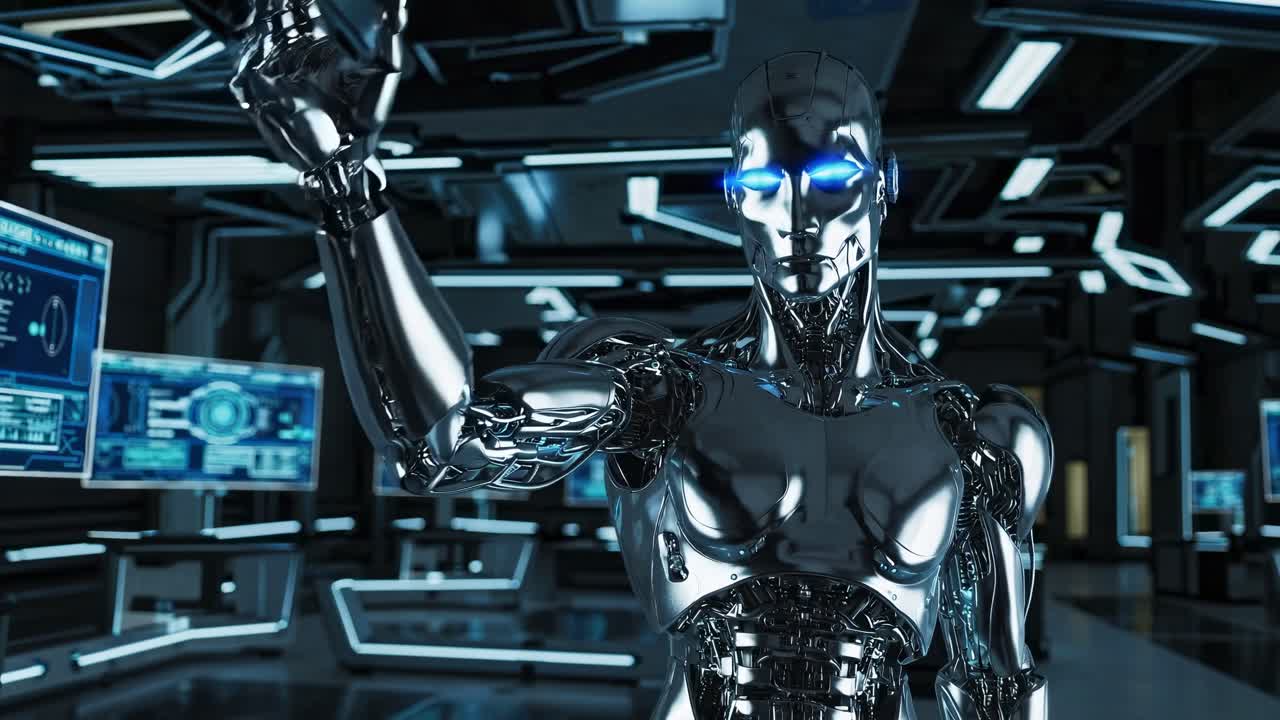 Robot futuristico con occhi luminosi in un laboratorio high-tech, ripreso da un'angolazione bassa.