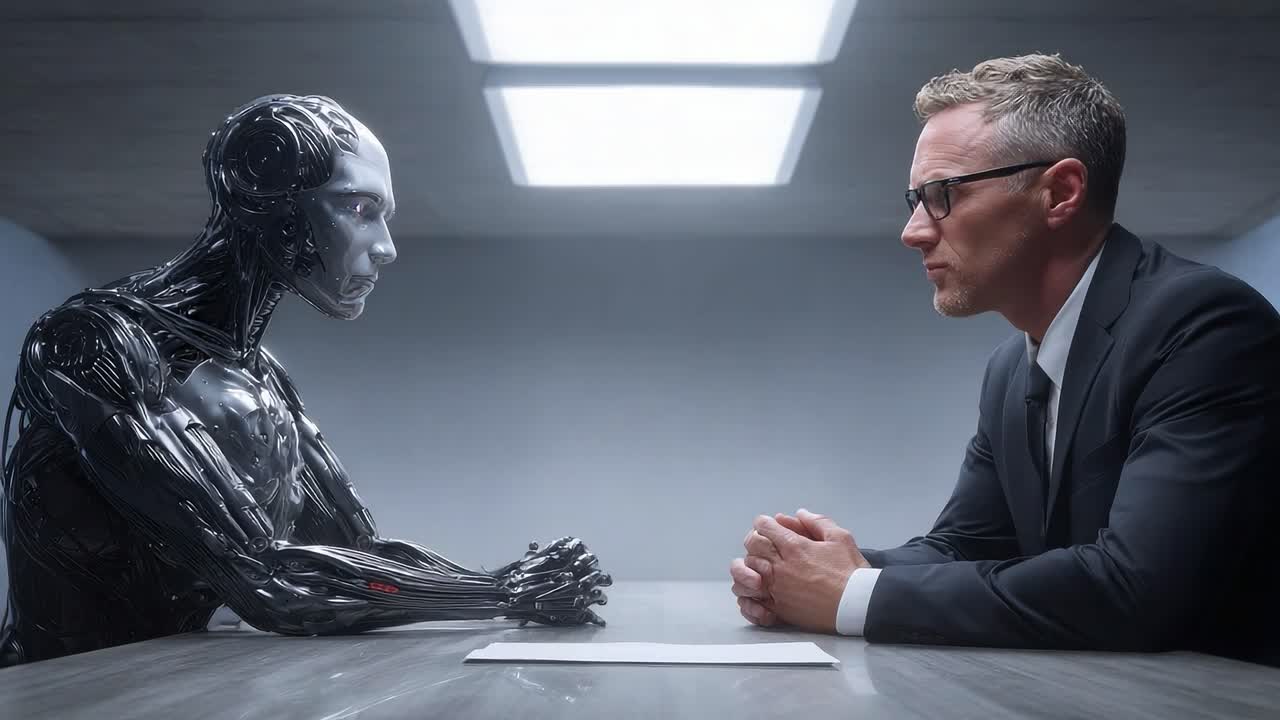 A Captivating Encounter: A Human and a Robotic Being Engage in a Thought-Provoking Discussion within an Ultra-Modern Conference Setting, Exploring the Depths of Artificial Intelligence and Humanity's Future
