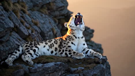 majestic snow leopard yawning on a rocky outcrop