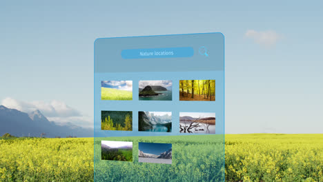 animation of interface with nature locations text over landscape with mountains and field