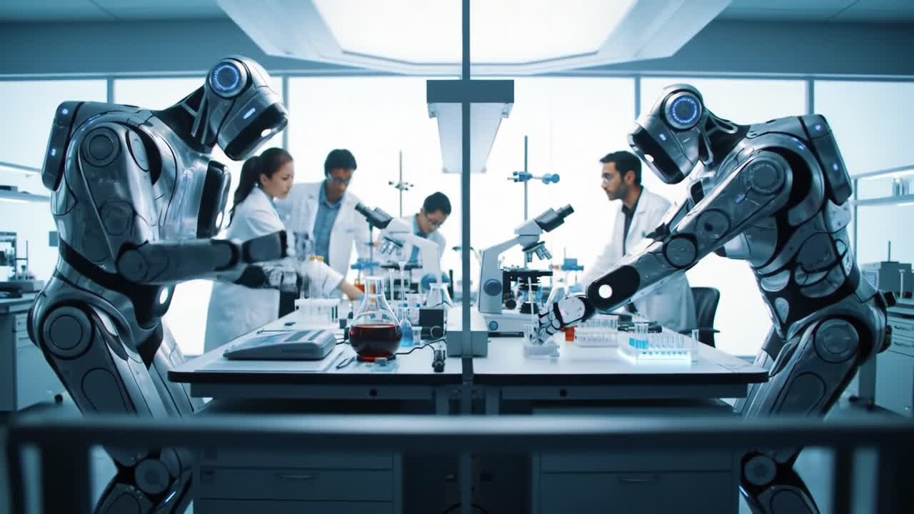 Robots Collaborate with Scientists in a Futuristic Laboratory, Conducting Experiments and Analyzing Data, Showcasing the Integration of Technology and Research for Advanced Discoveries