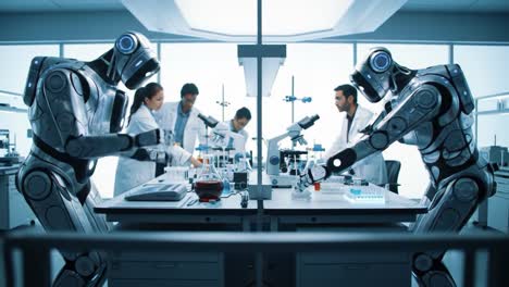 robots collaborate with scientists in a futuristic laboratory, conducting experiments and analyzing data, showcasing the integration of technology and research for advanced discoveries