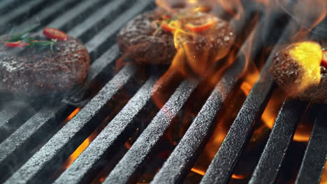 barbecued beef burger patty falling onto smoking and flaming grill grate in slow motion