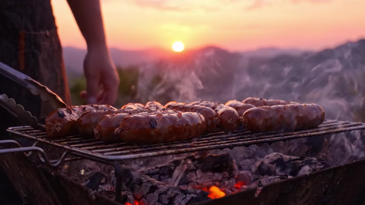 Un delizioso barbecue serale: salsicce sfrigolanti che grigliano su una fiamma aperta mentre il sole tramonta in un bellissimo paesaggio.