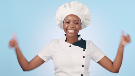 Thumbs-up,-chef-and-face-of-happy-black-woman