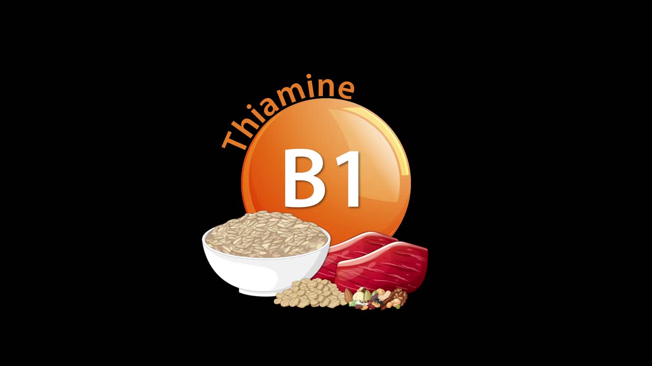 Animated sequence reveals a Vitamin B1 (Thiamine) icon with rice, meat, and grains, smoothly transitioning on a black background in a clean, modern style