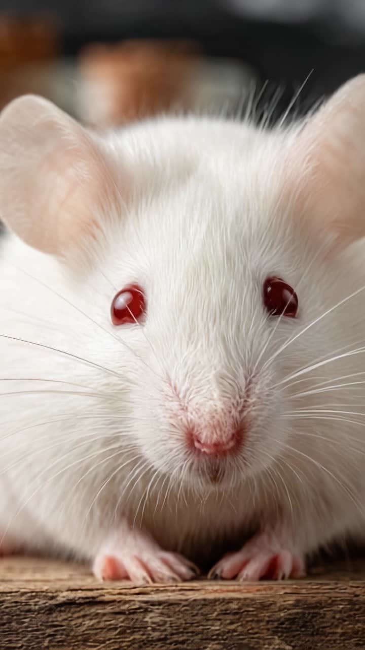 A Captivating Close-Up of an Adorable White Mouse Showcasing Its Distinctive Red Eyes and Soft Fur with a Focus on Its Tiny Features, Perfect for Animal Lovers and Educators