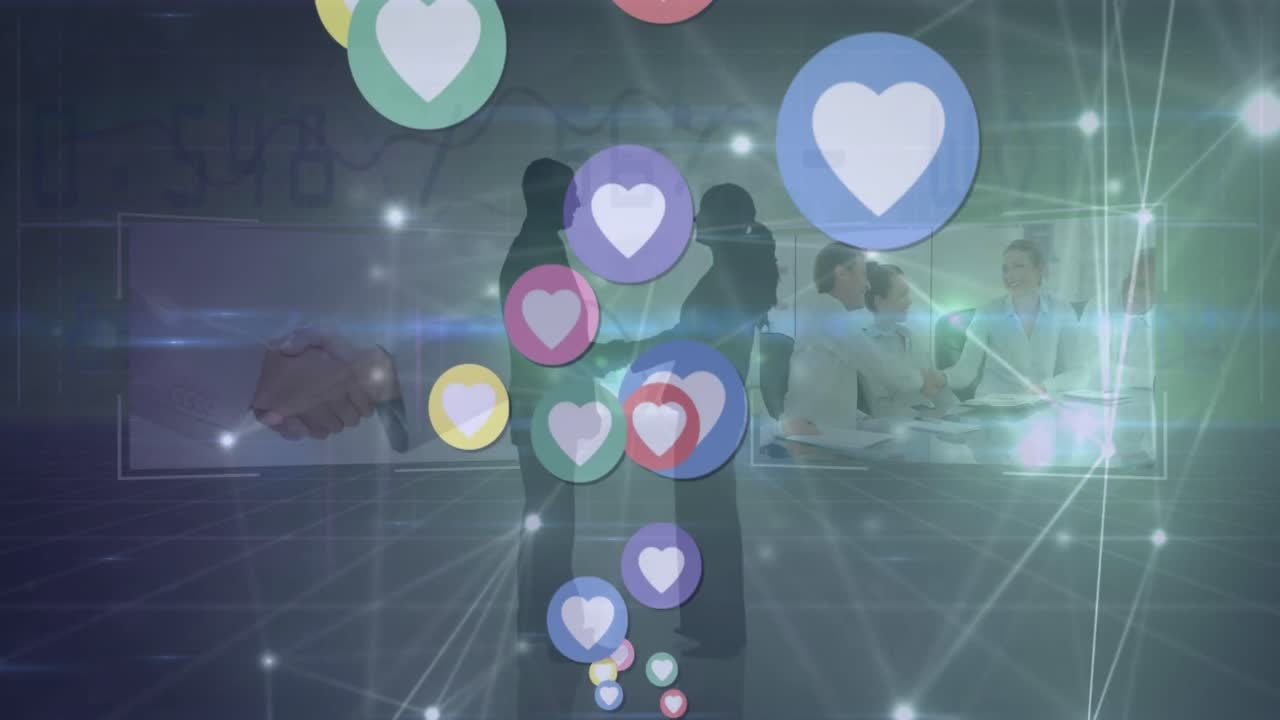 비즈니스맨의 실루 위에 심장 아이콘의 애니메이션과 악수 및 데이터 처리