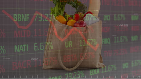 animation of trading board and graph over shopping bag with fresh vegetables