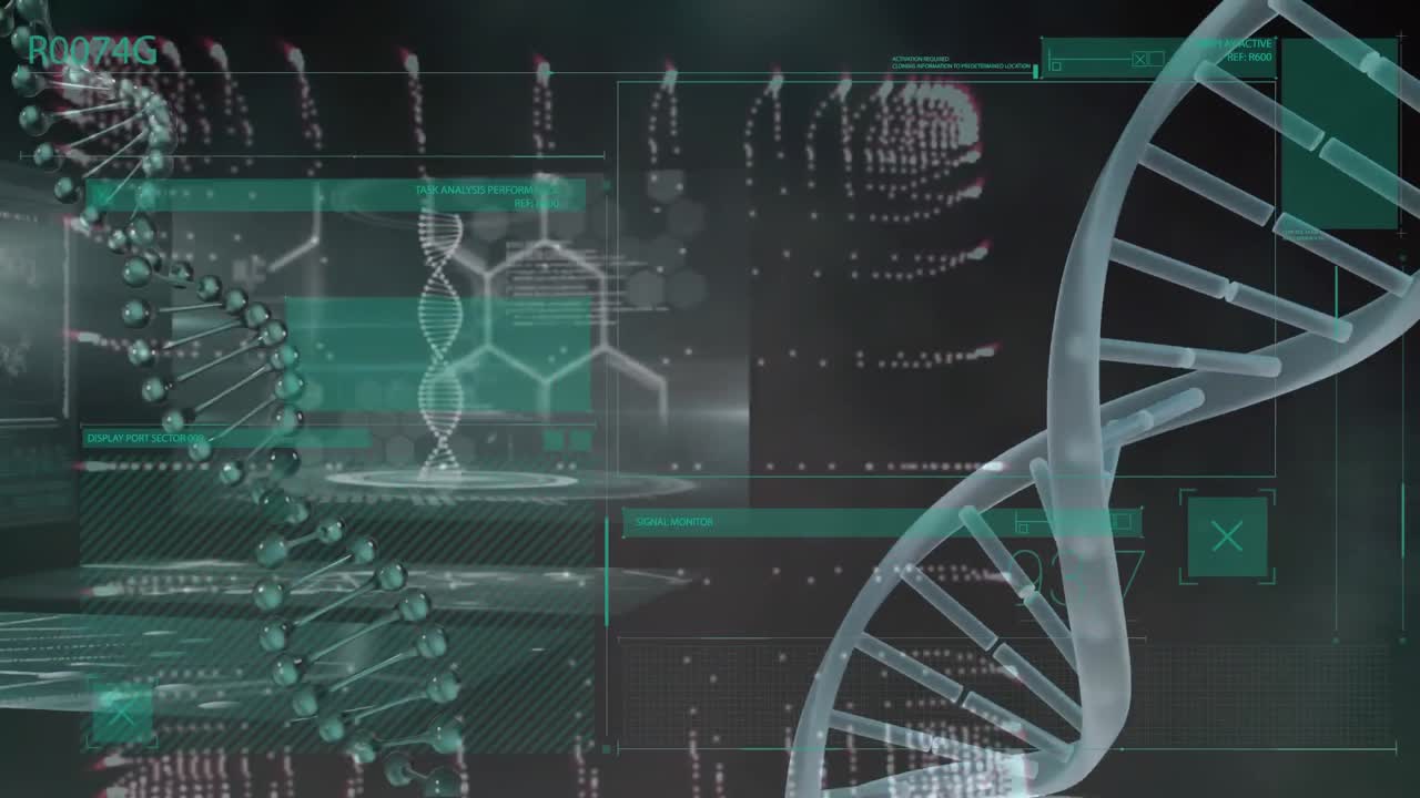 Animation of dna strands, network of connection and data processing over screens