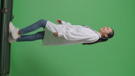 으로 보이는 시체가 가득한 아시아 여성 의사는 스테토스코프를 들고 주변을 둘러보고 병원에서 녹색 화면 배경에서 고 있습니다.