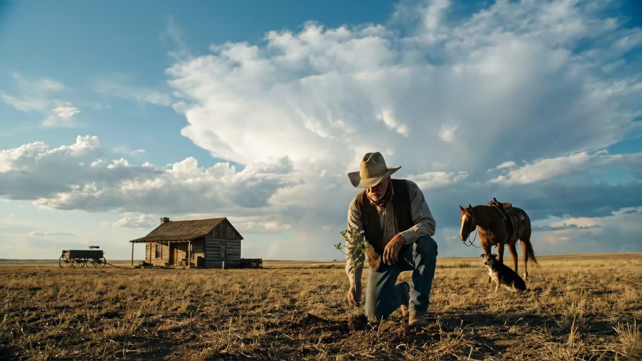 Cowboy che pianta un albero nel ranch