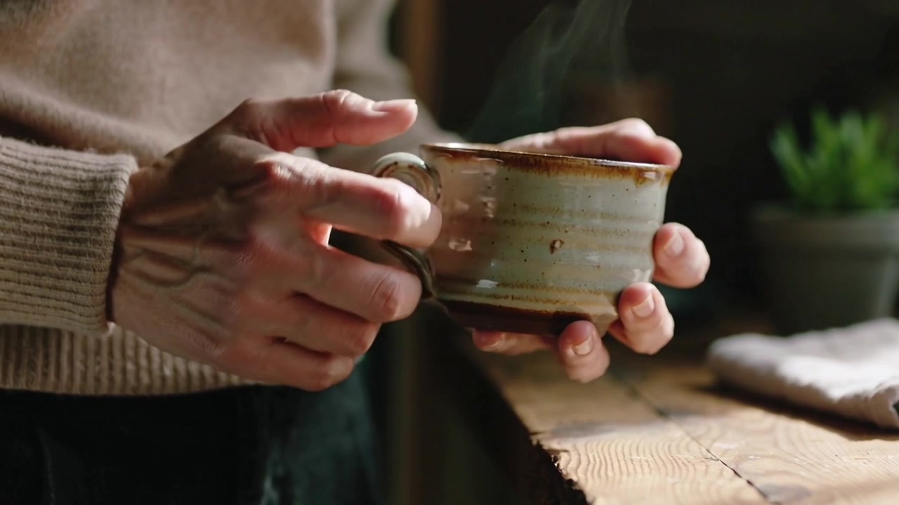 Sentendo freddo, mani anziane che stringono una tazza fumante al bancone, scaldandosi le mani, maglione beige.