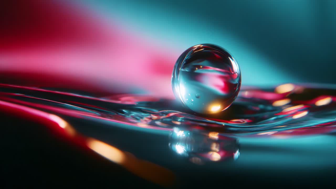 A stunning close-up of a crystal-clear droplet suspended gracefully on a tranquil surface, reflecting vibrant colors of blue and red, showcasing the beauty of simplicity and elegance in visual art