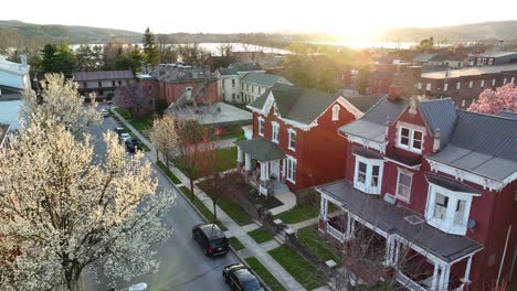 árboles-Florecientes-En-Un-Barrio-Tranquilo-En-Primavera-Al-Atardecer-Con-Un-Hermoso-Horizonte-Y-Un-Río-Al-Fondo