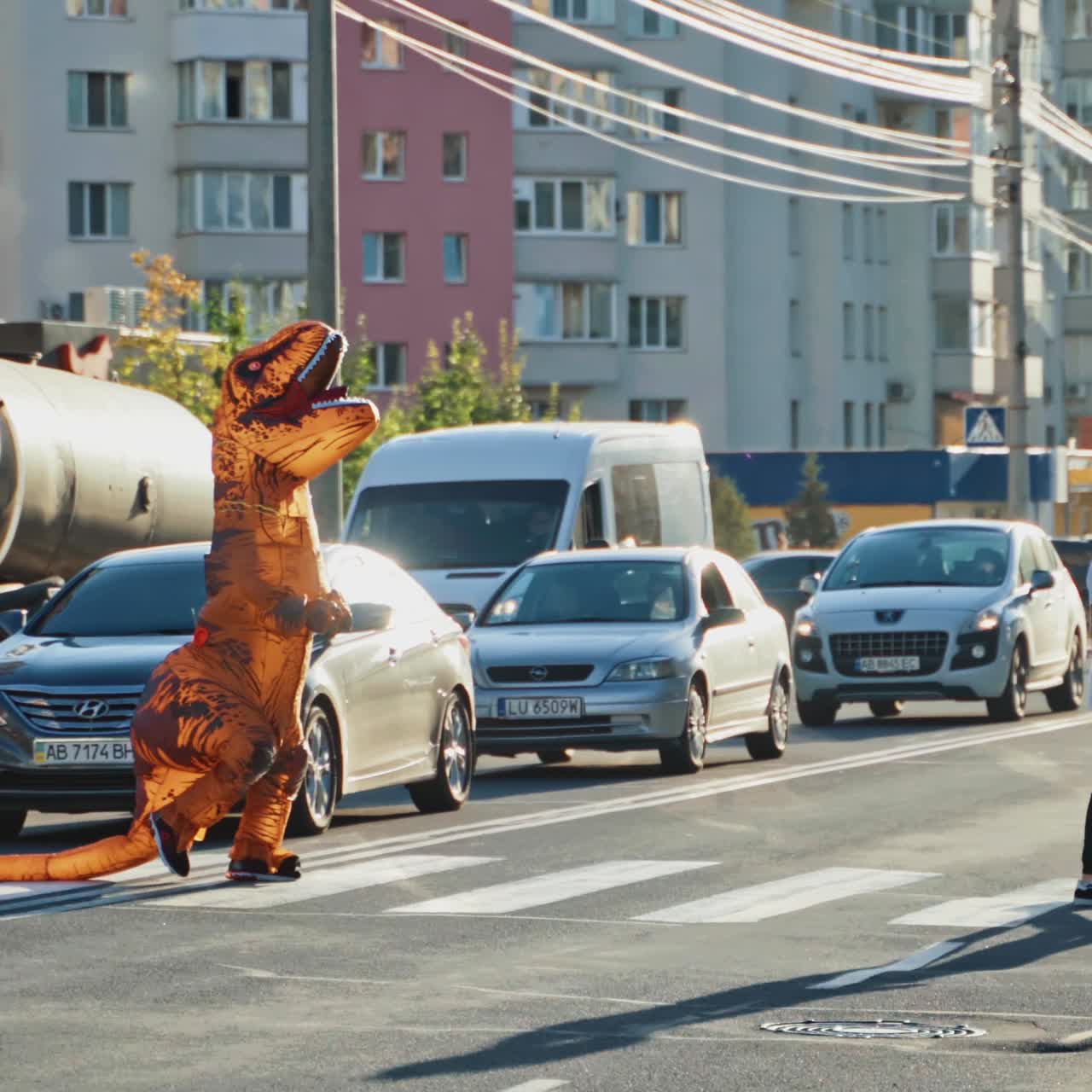 Big dinosaur doll in city