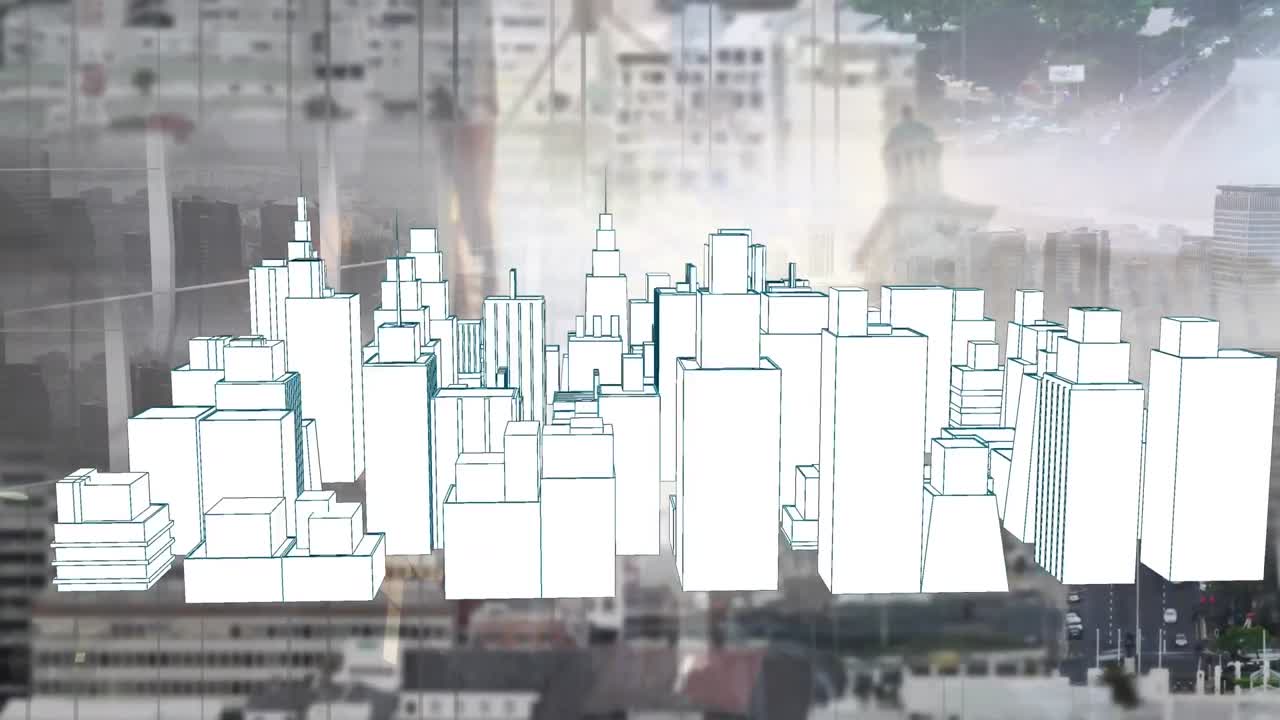 도시 풍경 위에서 회전하는 3d 도시 그림의 애니메이션