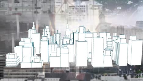 animation of 3d city drawing spinning over cityscape