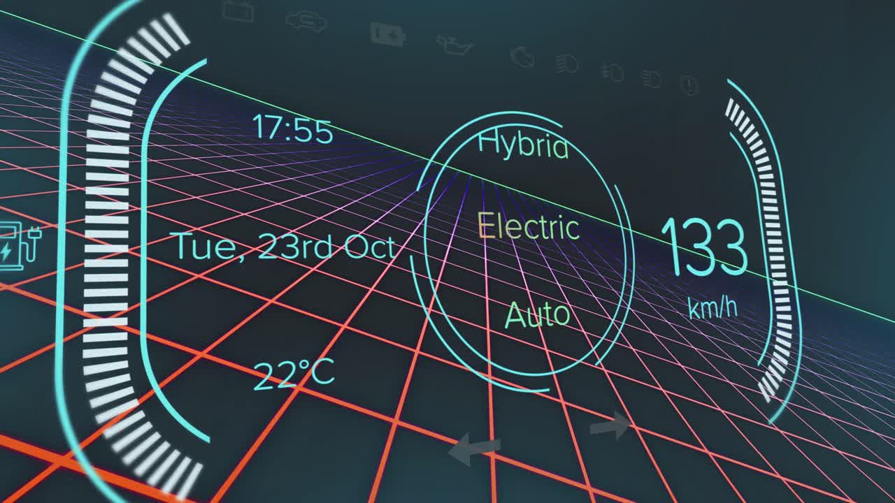 검은색 배경에 그리드 패턴 위에 텍스트와 숫자를 가진 로딩 스피도미터의 애니메이션