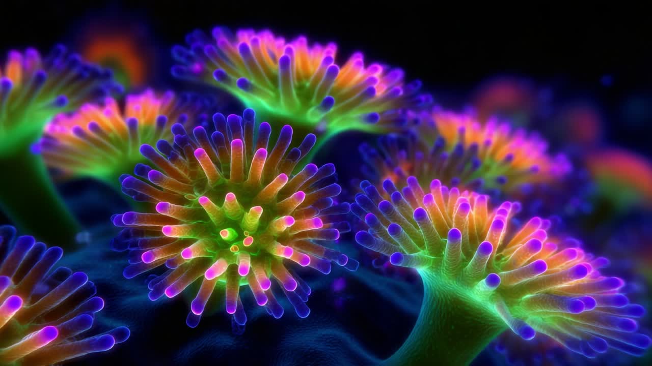 A vibrant and intricate close-up view of captivating marine organisms displaying an array of vivid colors and mesmerizing patterns, showcasing nature’s artistry and diversity in underwater ecosystems