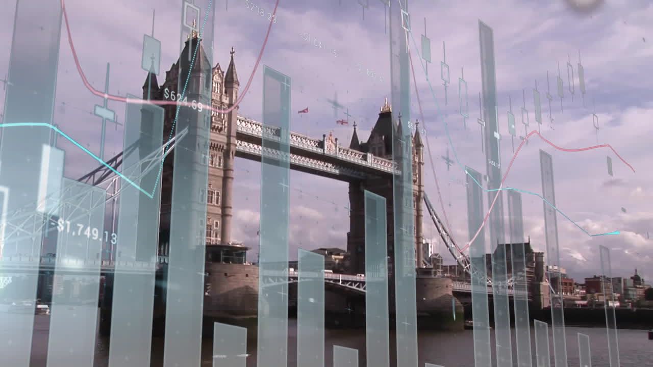 Financial data charts animation over iconic Tower Bridge in London