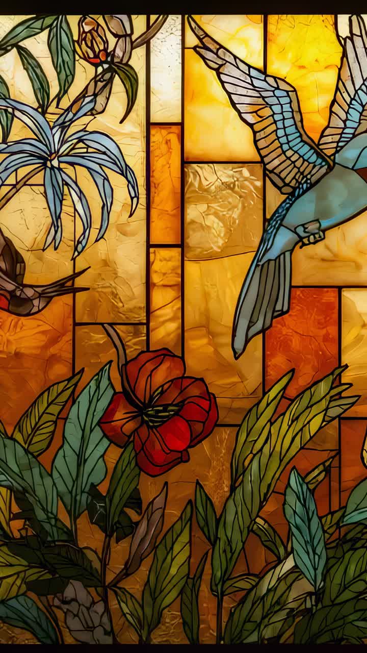 Vertical video: Panning cam revealing leaded glass blue bird wing and red flower at window backlit