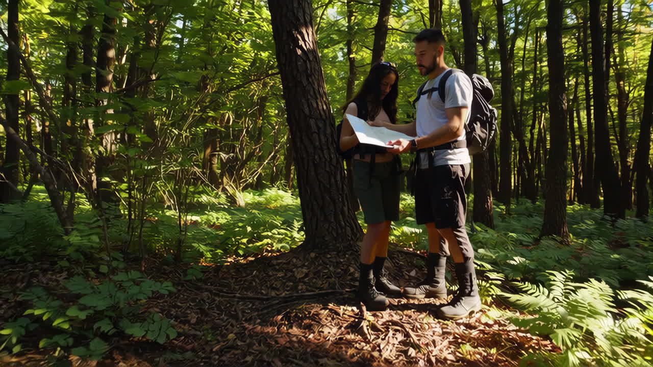 Couple Hiking in Forest, Using Map